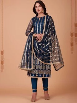 Blue Sequined Salwar Kameez In Net