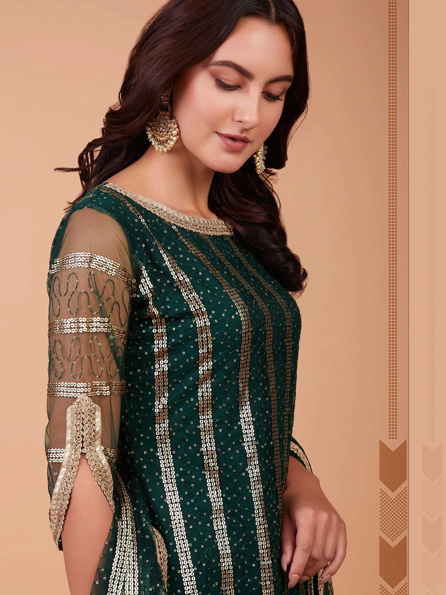 Green Sequined Salwar Kameez With Net Dupatta 4 Green Sequined Salwar Kameez With Net Dupatta - Image 2