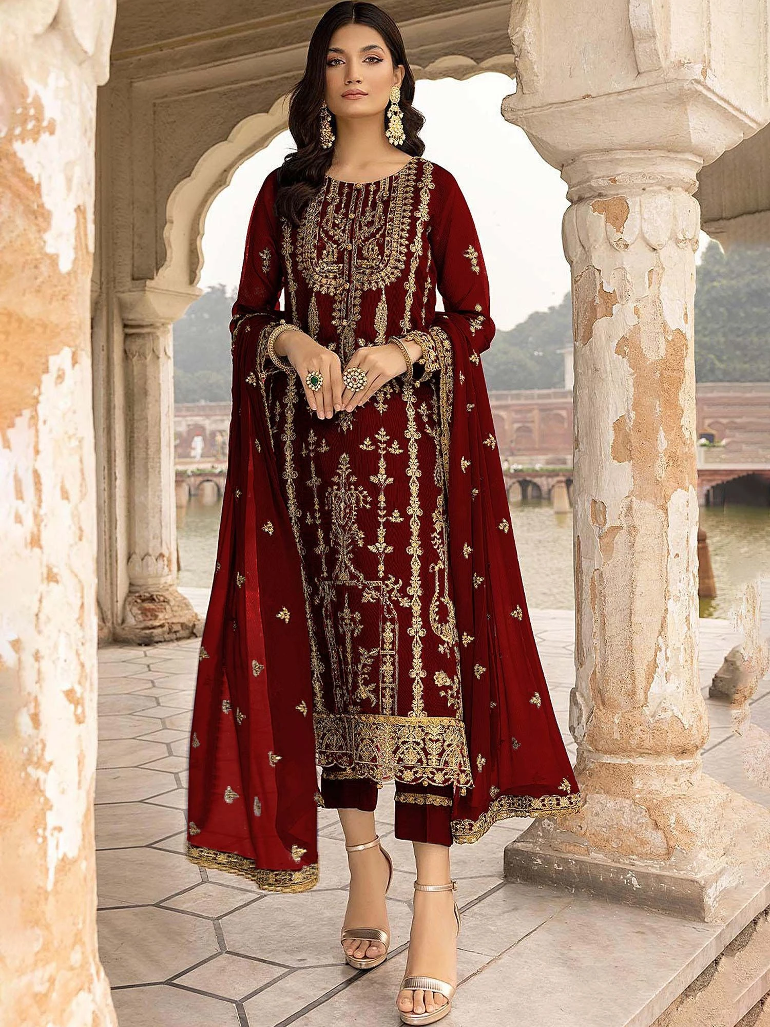 Maroon Pant Style Suit With Zari Embroidery 3 Maroon Pant Style Suit With Zari Embroidery