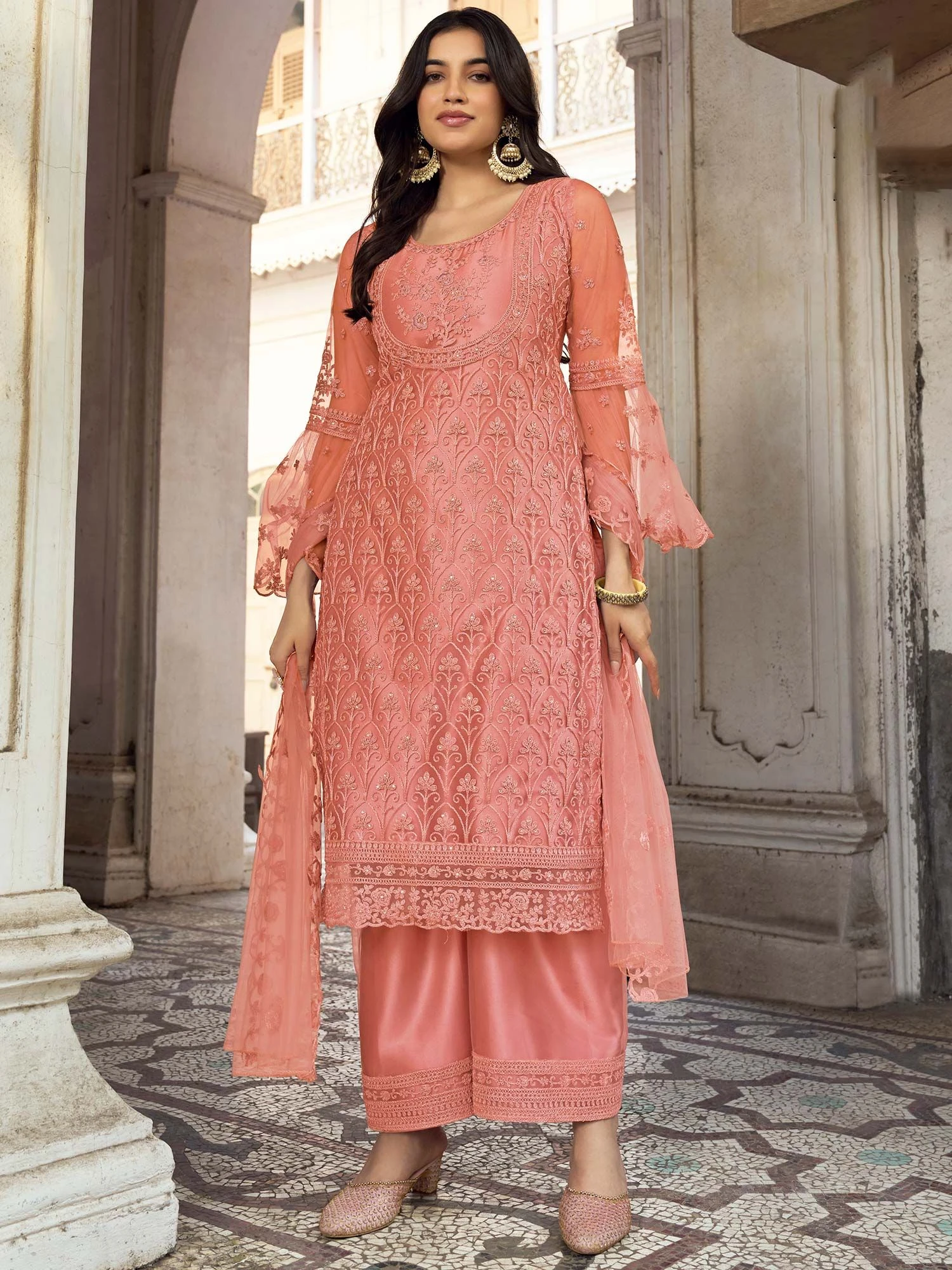 Peach Party Wear Palazzo Suit In Net 3 Peach Party Wear Palazzo Suit In Net