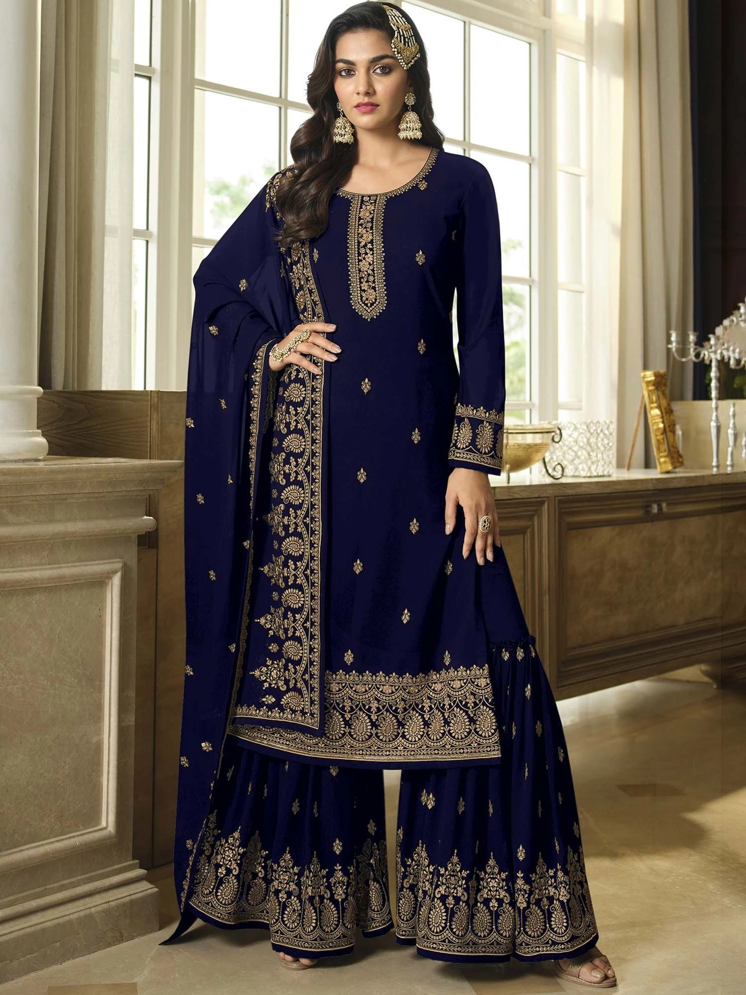 Blue Pakistani Sharara Salwar Suit In Georgette 3 Blue Pakistani Sharara Salwar Suit In Georgette