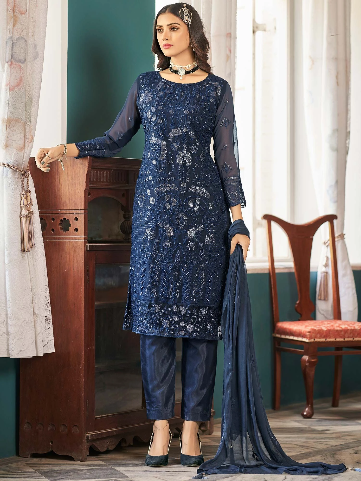 Blue Straight Cut Embroidered Suit With Dupatta 3 Blue Straight Cut Embroidered Suit With Dupatta