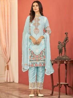 Blue Thread Embroidered Pant Suit In Georgette