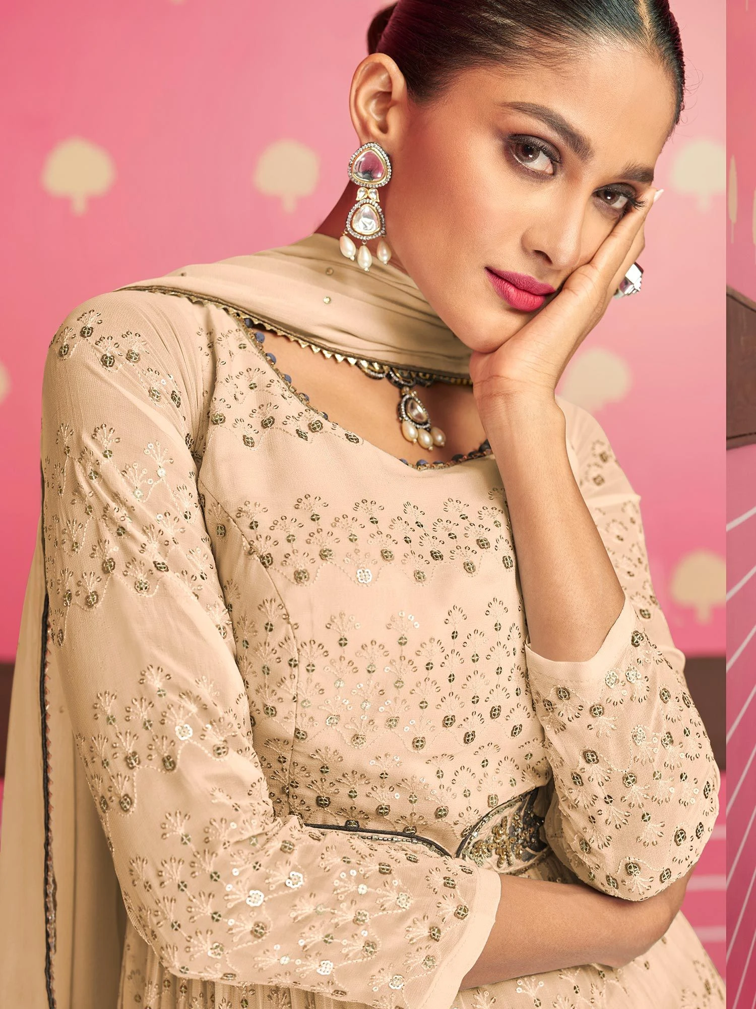 Beige Embroidered Gathered Suit With Dupatta 4 Beige Embroidered Gathered Suit With Dupatta - Image 2