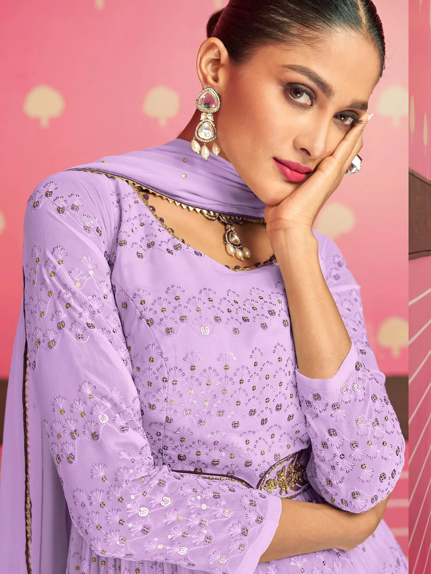 Purple Thread Embroidered Palazzo Suit In Georgette 4 Purple Thread Embroidered Palazzo Suit In Georgette - Image 2