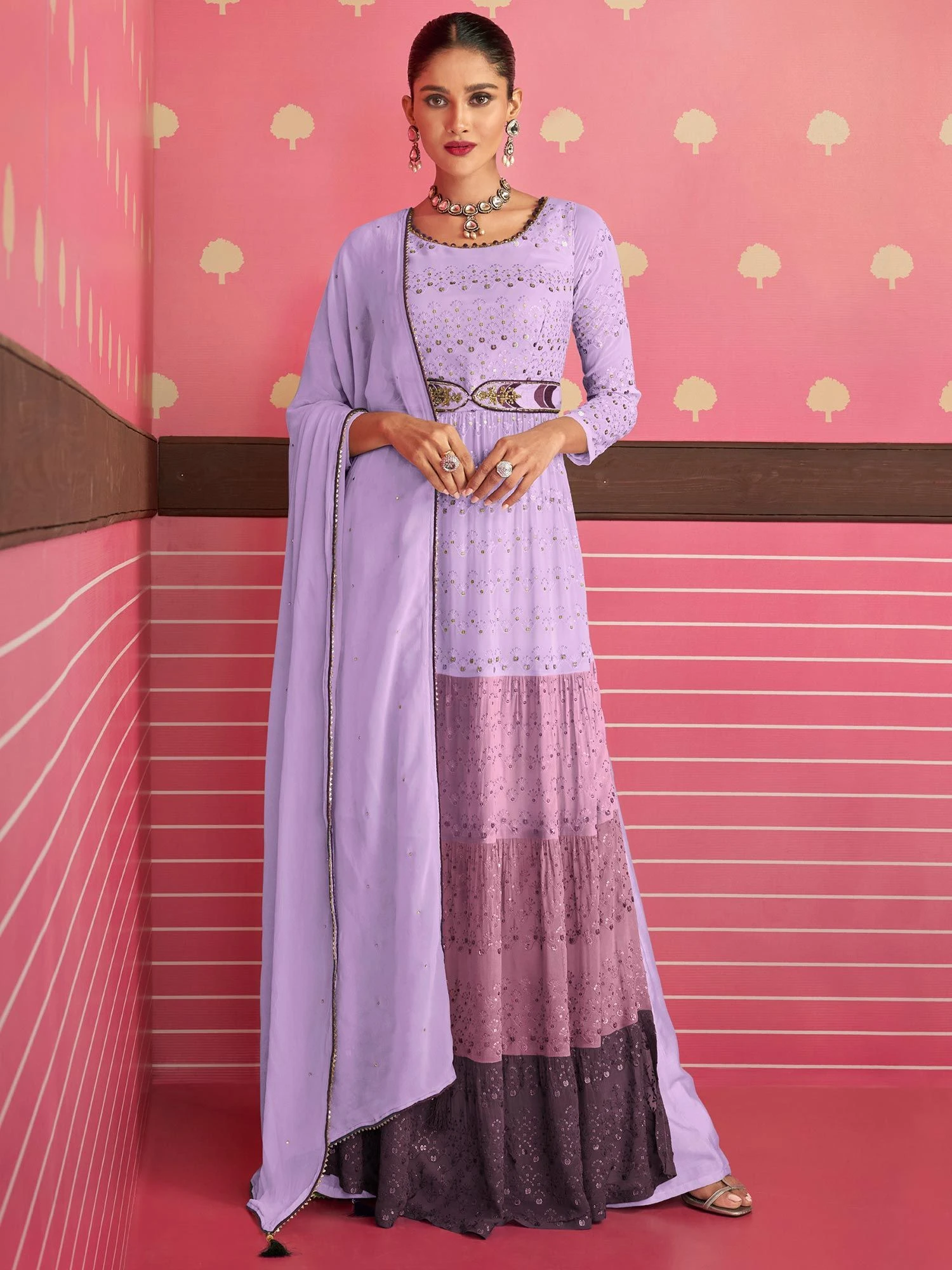 Purple Thread Embroidered Palazzo Suit In Georgette 3 Purple Thread Embroidered Palazzo Suit In Georgette