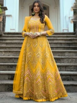 Yellow Embroidered Anarkali Salwar Suit In Net
