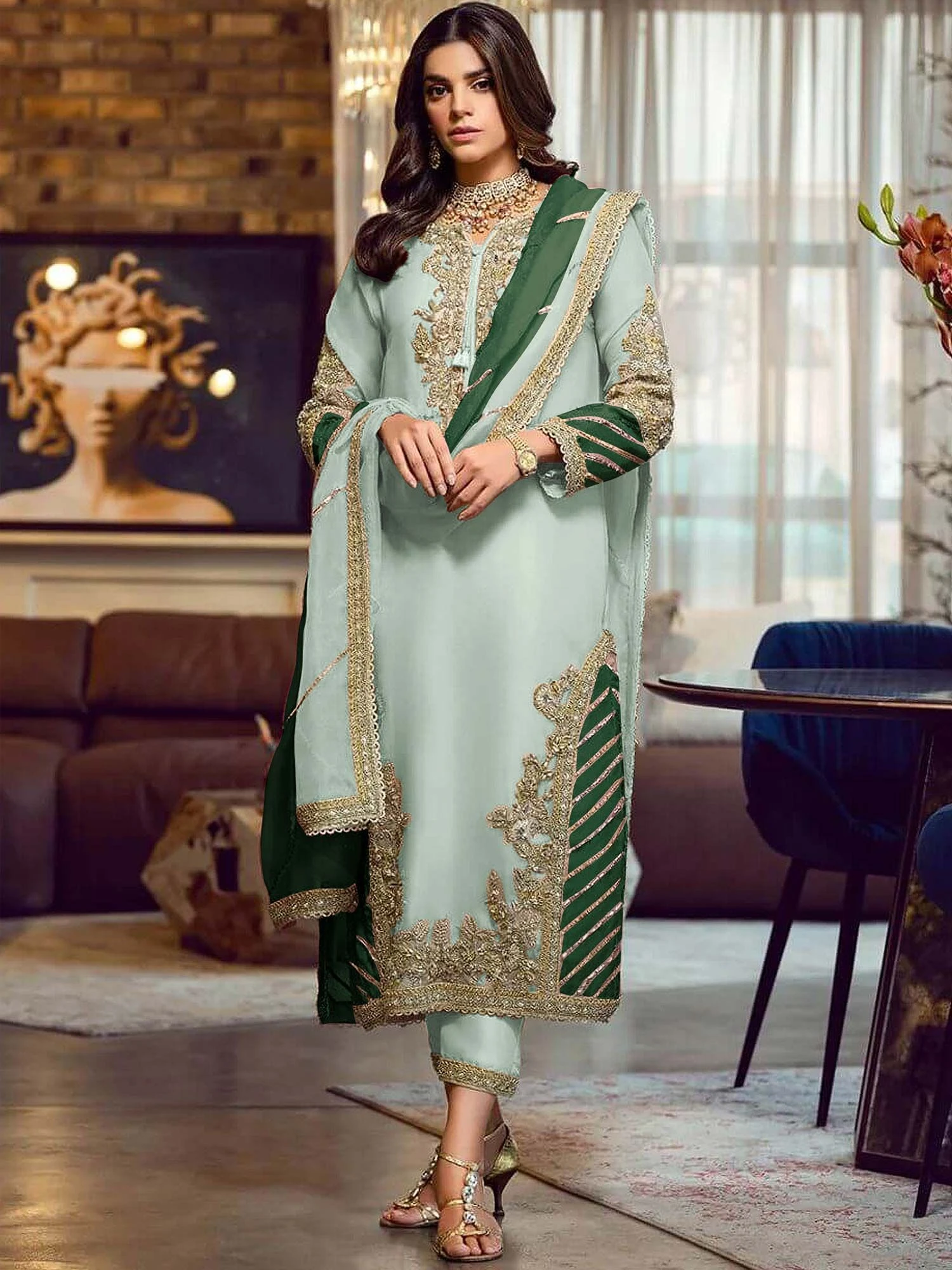 Green Embroidered Straight Cut Pakistani Salwar Suit 3 Green Embroidered Straight Cut Pakistani Salwar Suit