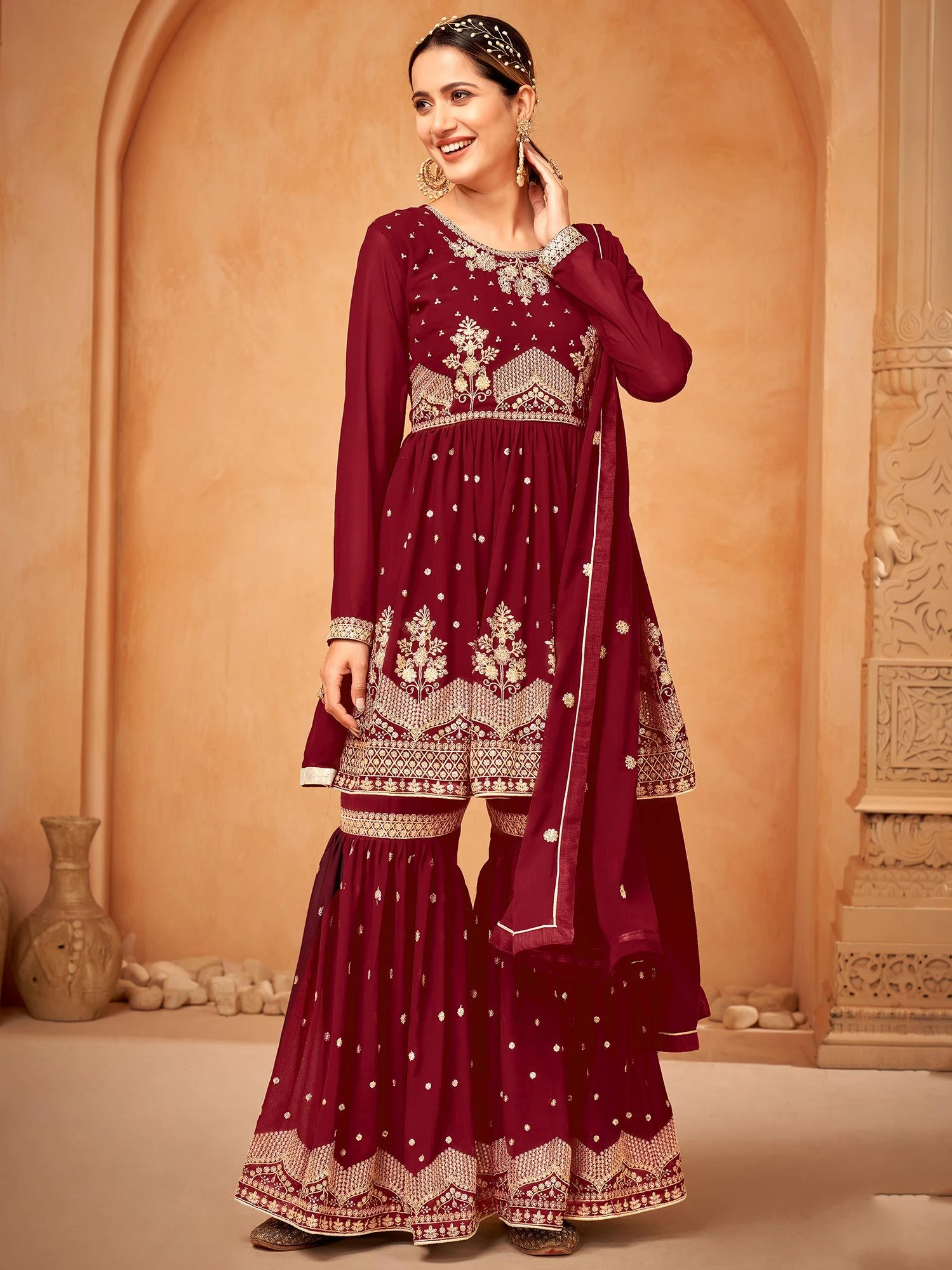 Maroon Georgette Sharara Suit With Embroidery 3 Maroon Georgette Sharara Suit With Embroidery