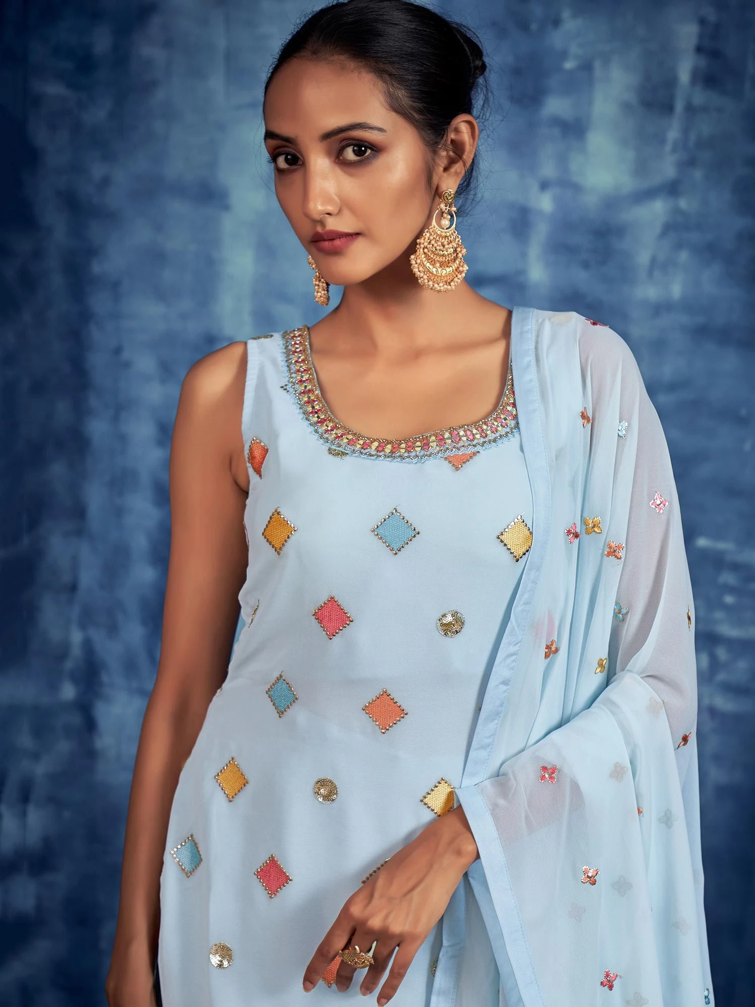 Blue Festive Embroidered Sharara Salwar Kameez 4 Blue Festive Embroidered Sharara Salwar Kameez - Image 2