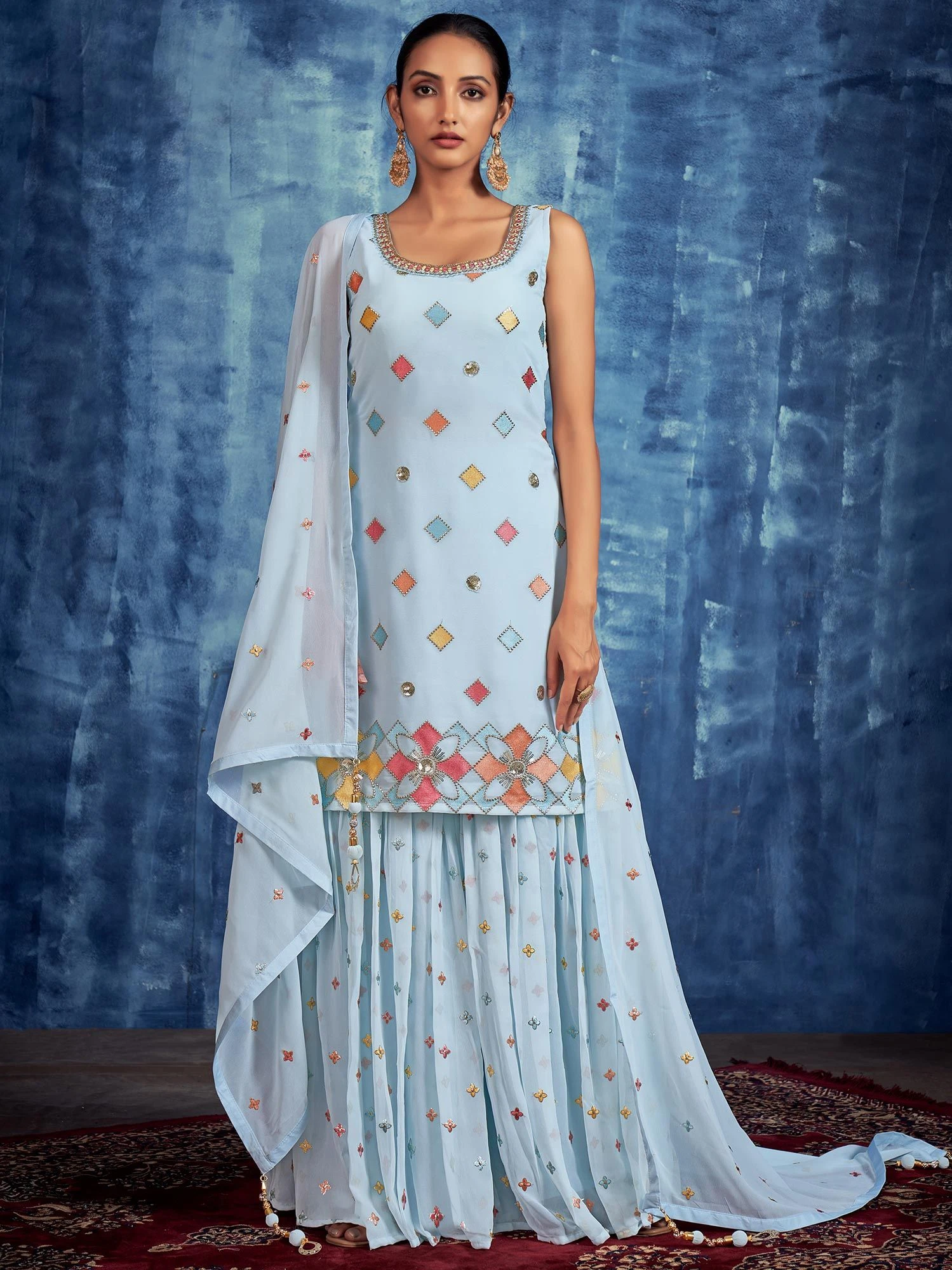 Blue Festive Embroidered Sharara Salwar Kameez 3 Blue Festive Embroidered Sharara Salwar Kameez