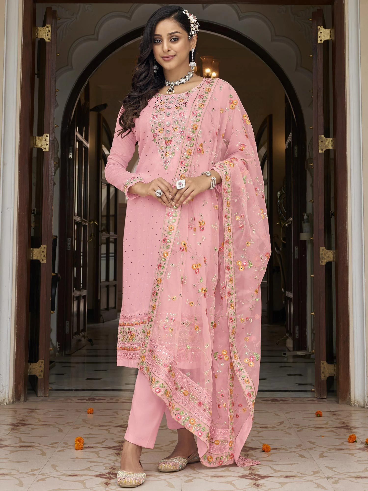 Pink Thread Embroidered Pant Style Salwar Suit 3 Pink Thread Embroidered Pant Style Salwar Suit