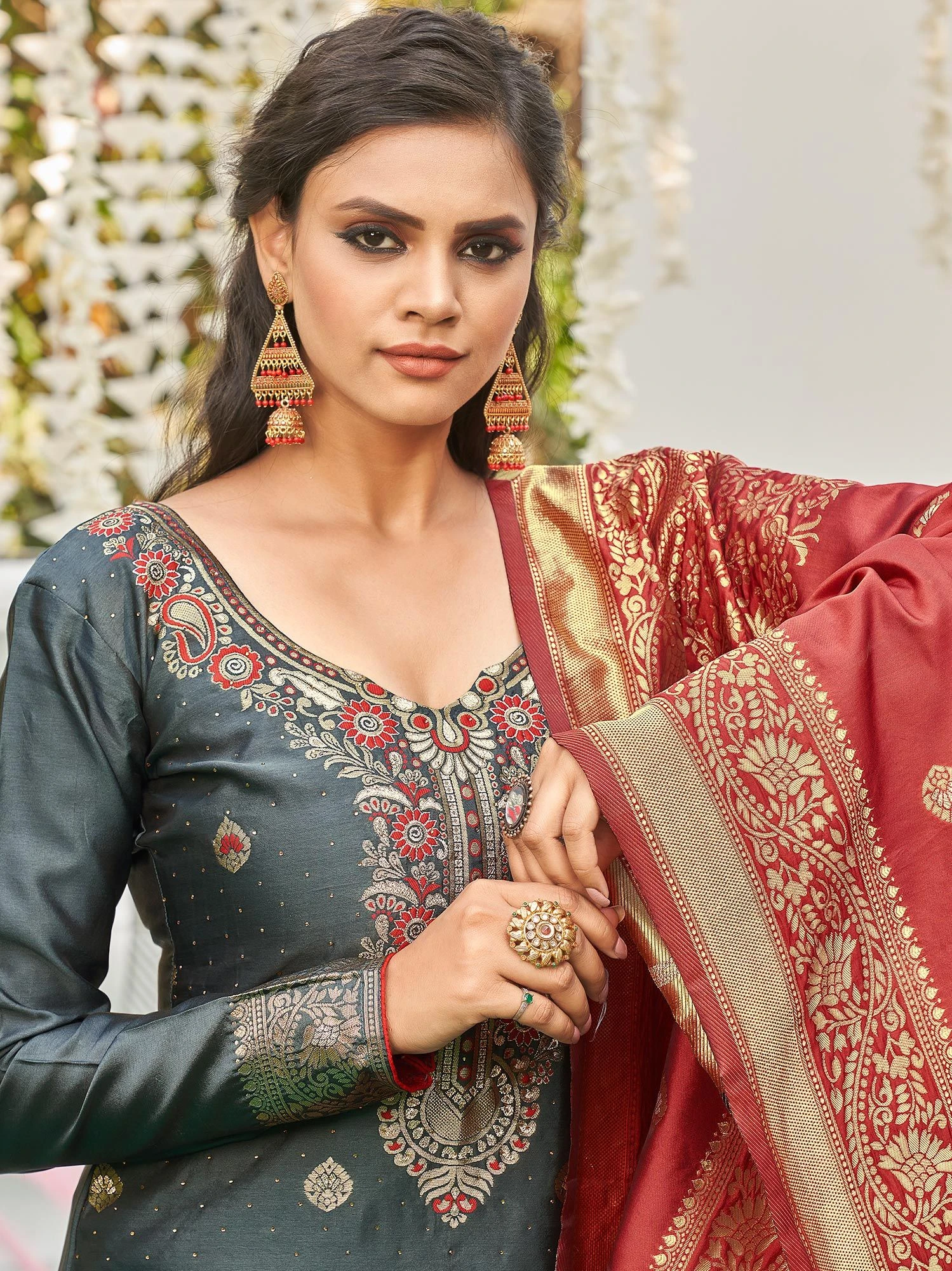 Grey Banarasi Silk Pant Style Salwar Suit 4 Grey Banarasi Silk Pant Style Salwar Suit - Image 2