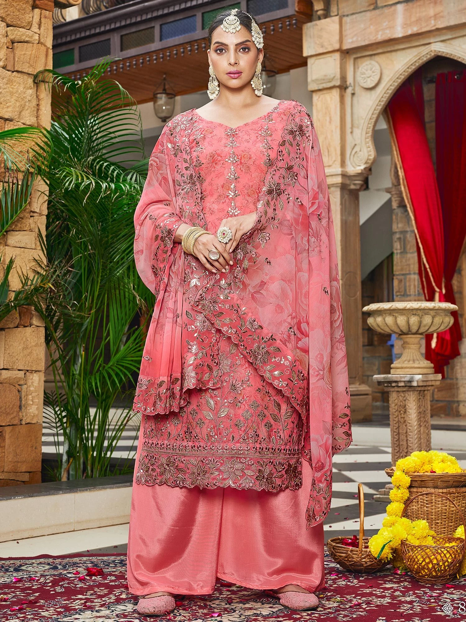 Peach Palazzo Style Salwar Suit With Prints 3 Peach Palazzo Style Salwar Suit With Prints