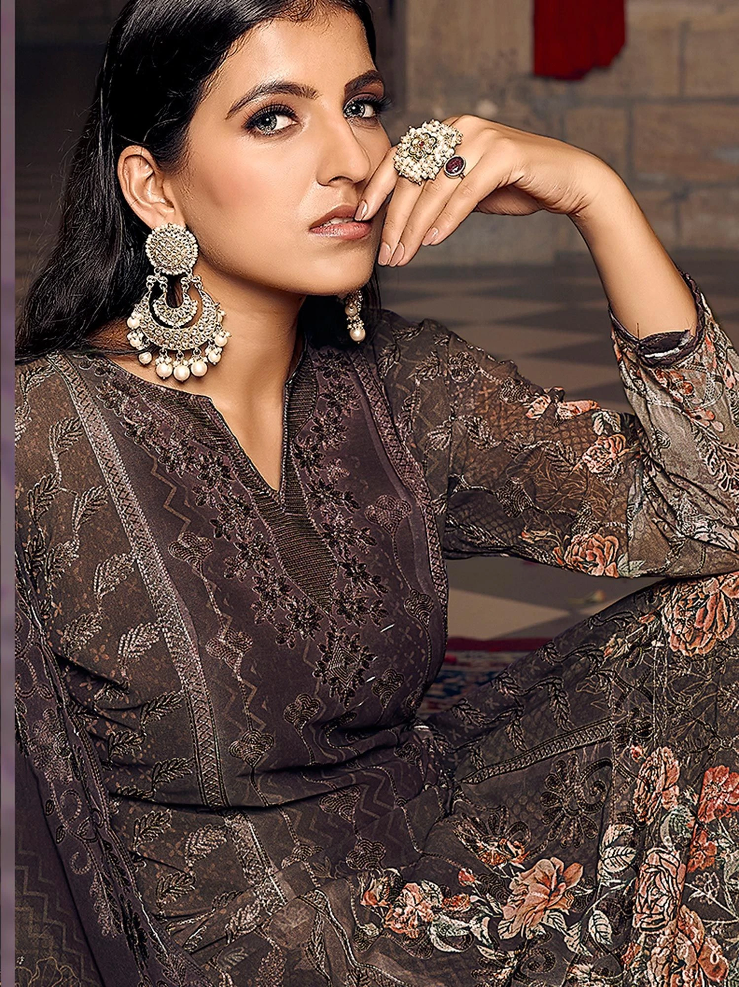 Brown Printed Palazzo Style Suit With Dupatta 4 Brown Printed Palazzo Style Suit With Dupatta - Image 2