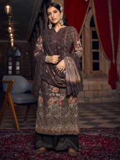 Brown Printed Palazzo Style Suit With Dupatta