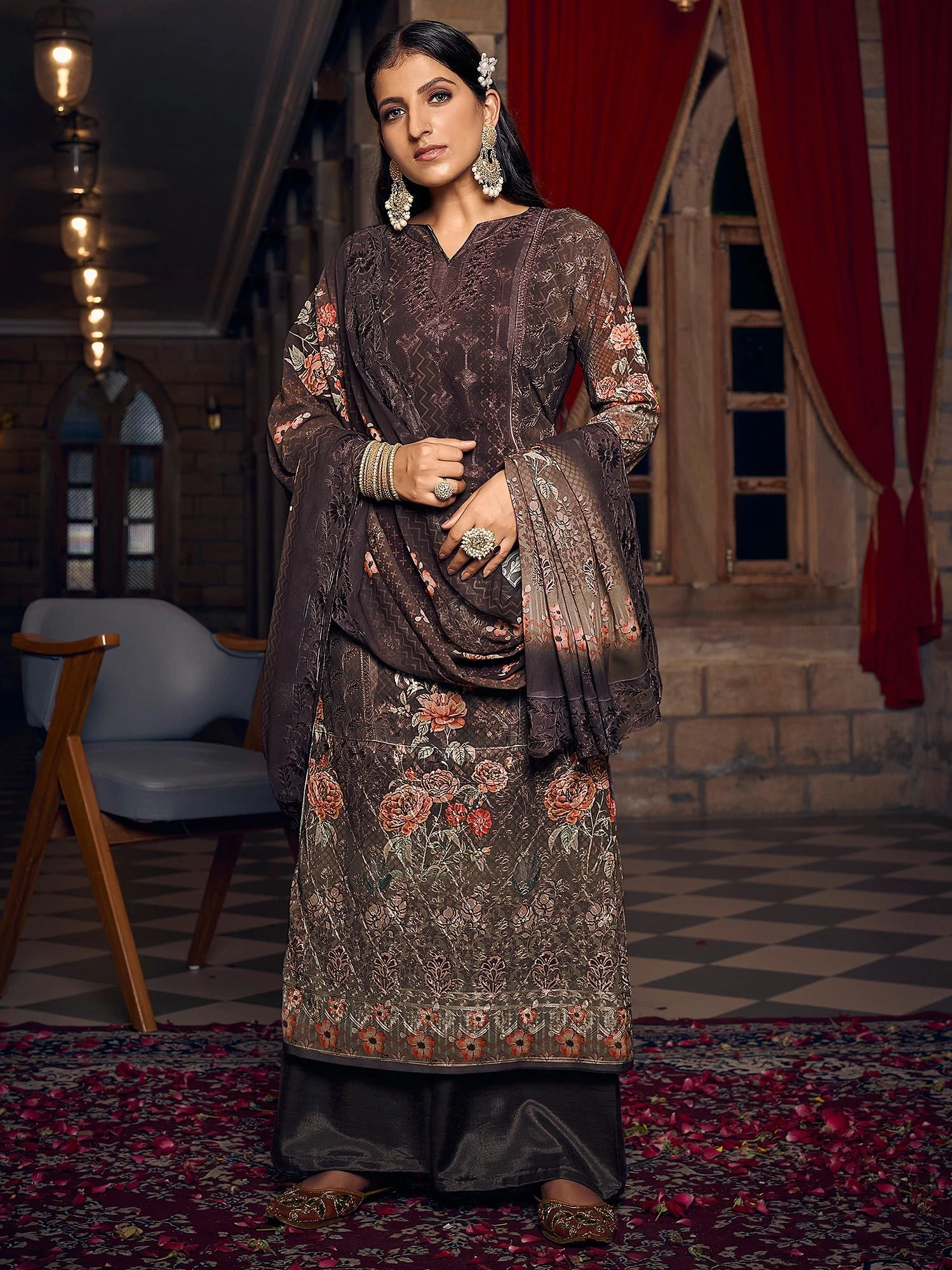 Brown Printed Palazzo Style Suit With Dupatta 3 Brown Printed Palazzo Style Suit With Dupatta