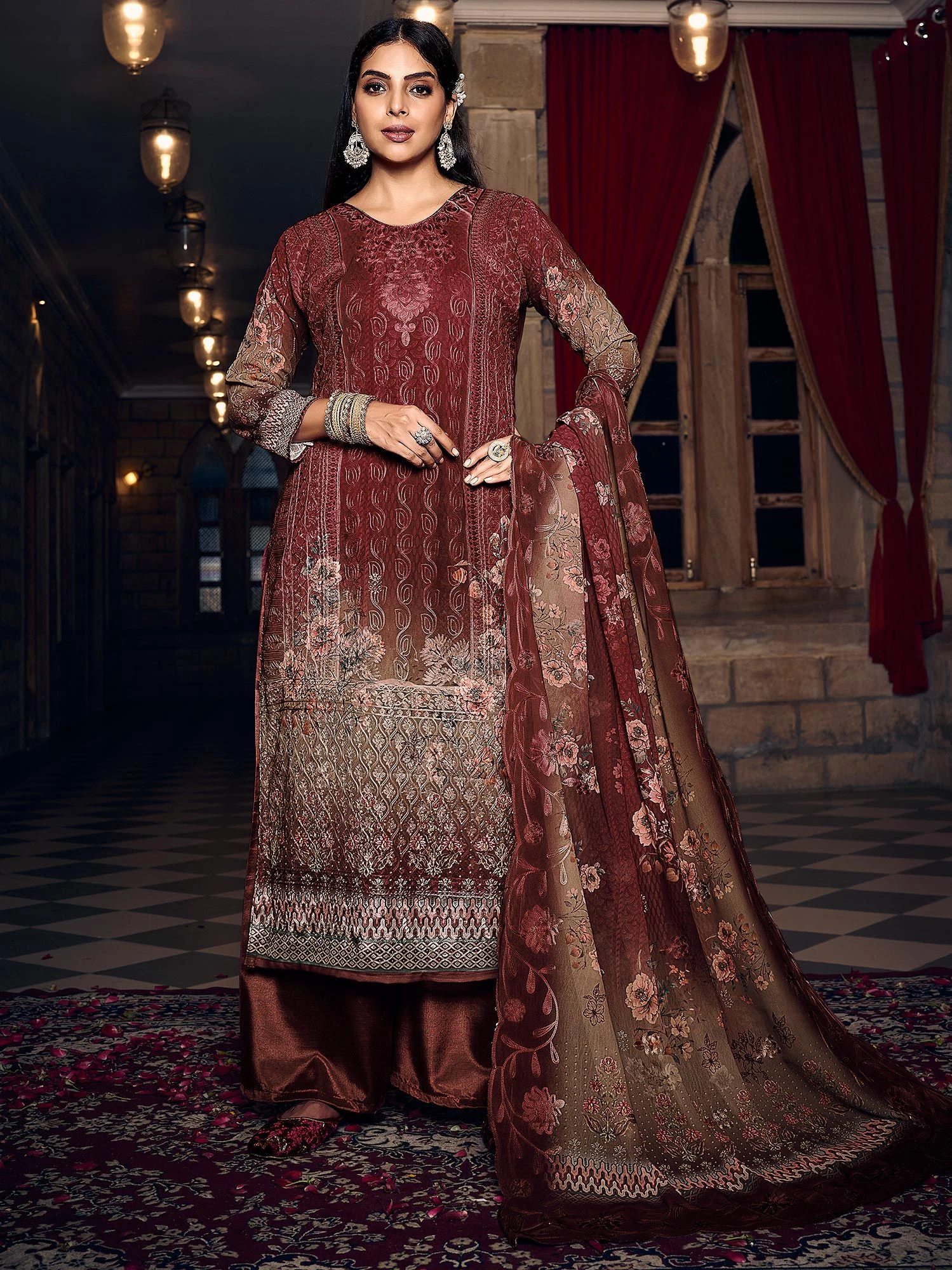 Red Embroidered Palazzo Style Suit In Georgette 3 Red Embroidered Palazzo Style Suit In Georgette