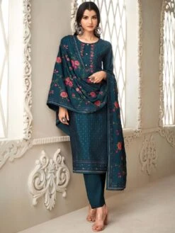 Blue Embroidered Straight Cut Suit With Dupatta