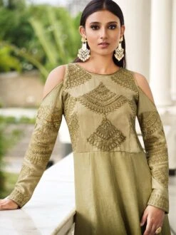 Green Embroidered Suit With Cold Shoulders -Riwaayat Store p3119sl03 1