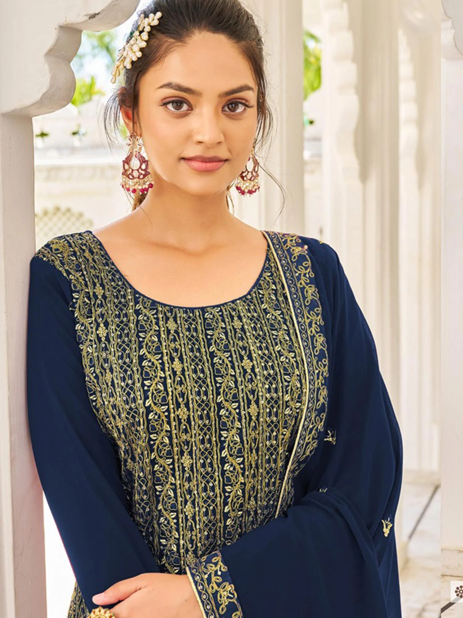 Blue Sequins Embroidered Straight Cut Suit In Georgette 4 Blue Sequins Embroidered Straight Cut Suit In Georgette - Image 2