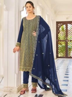 Blue Sequins Embroidered Straight Cut Suit In Georgette