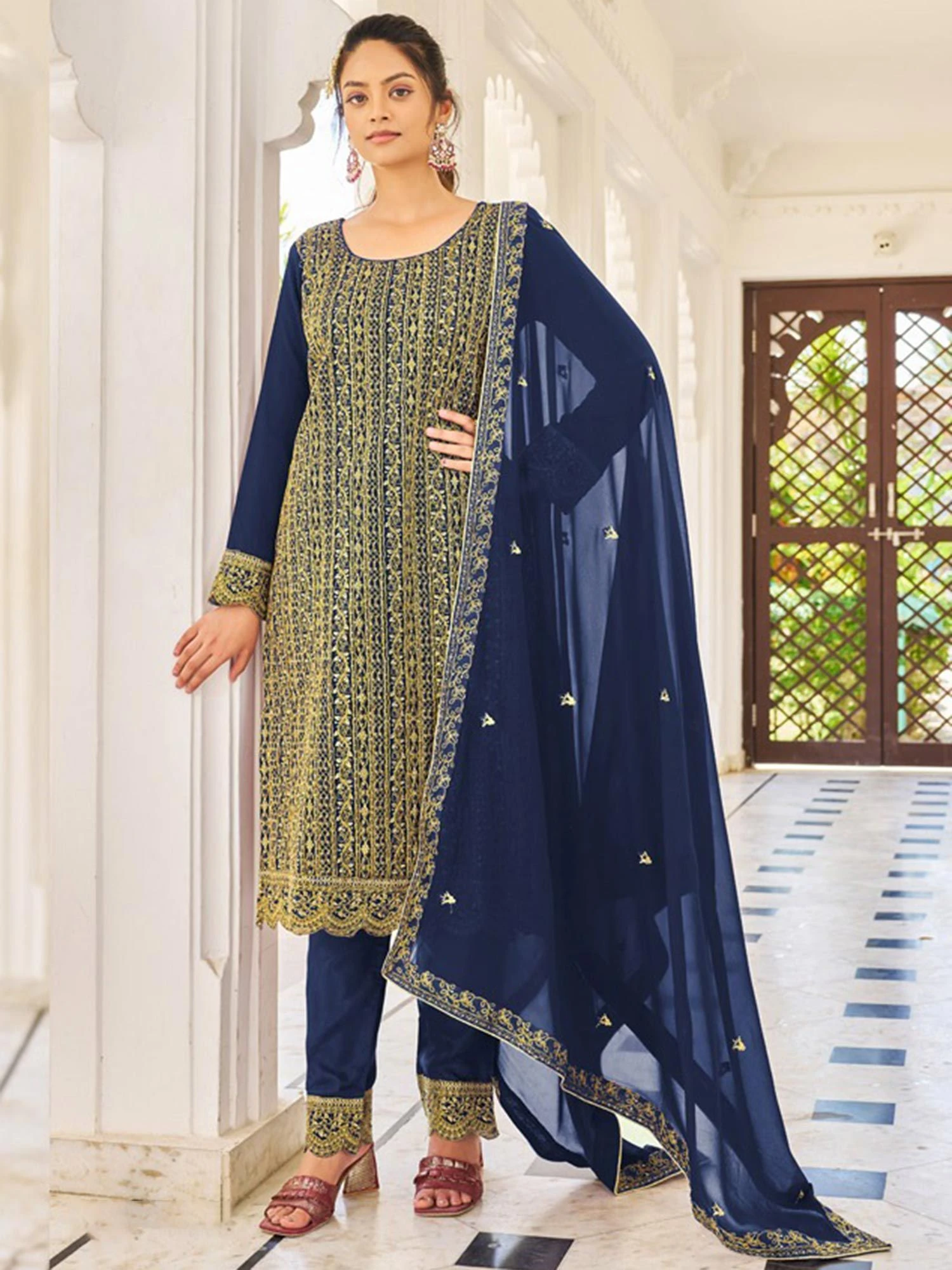 Blue Sequins Embroidered Straight Cut Suit In Georgette 3 Blue Sequins Embroidered Straight Cut Suit In Georgette