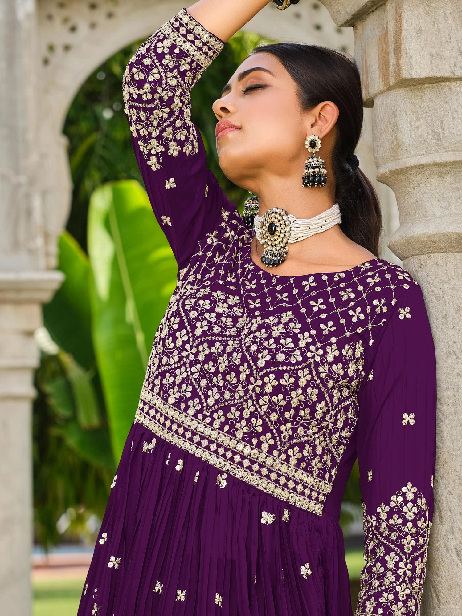 Purple Embroidered Palazzo Style Suit In Georgette 4 Purple Embroidered Palazzo Style Suit In Georgette - Image 2