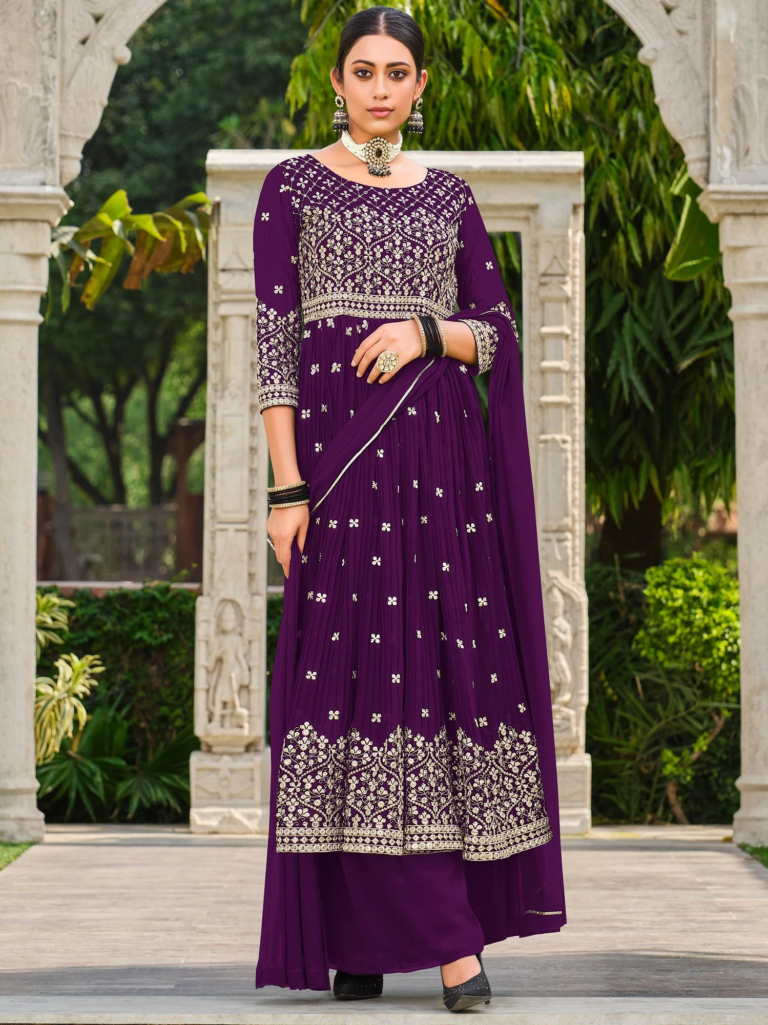 Purple Embroidered Palazzo Style Suit In Georgette 3 Purple Embroidered Palazzo Style Suit In Georgette