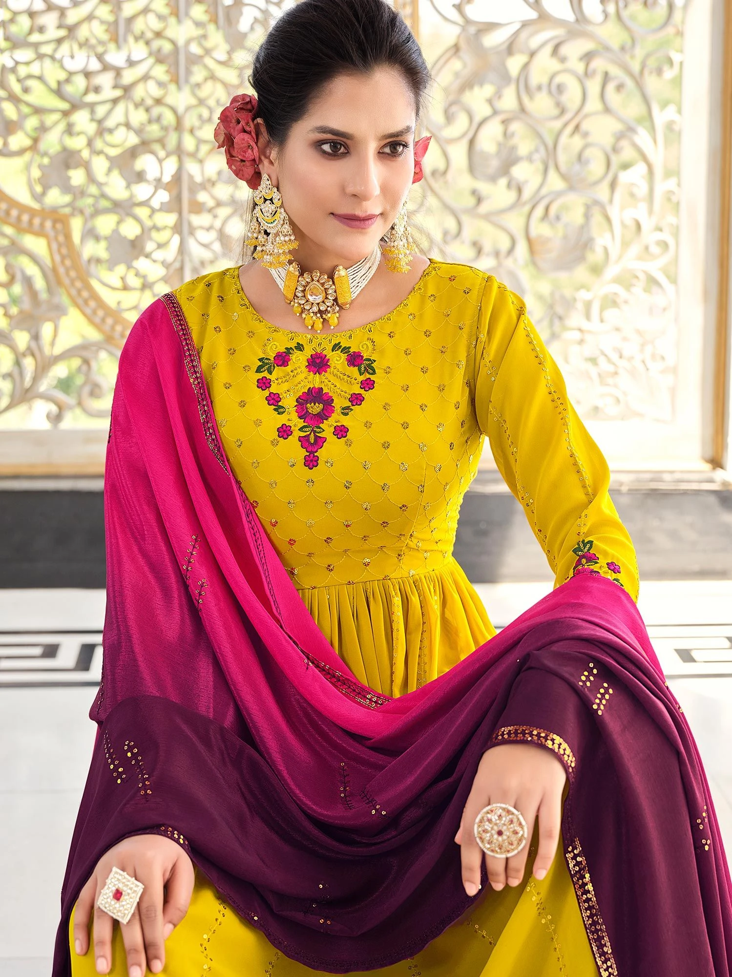 Yellow Embroidered Palazzo Salwar Suit With Dupatta 4 Yellow Embroidered Palazzo Salwar Suit With Dupatta - Image 2