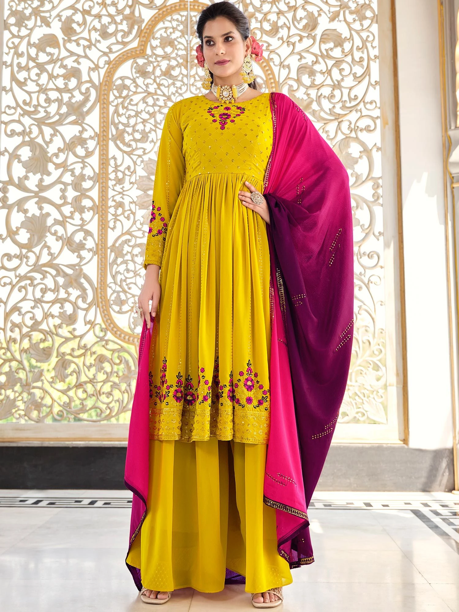 Yellow Embroidered Palazzo Salwar Suit With Dupatta 3 Yellow Embroidered Palazzo Salwar Suit With Dupatta