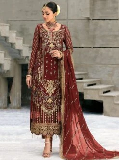 Brown Embroidered Pant Style Suit In Georgette