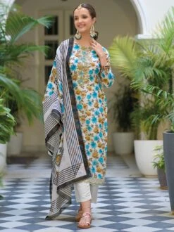 White Floral Printed Pant Style Suit