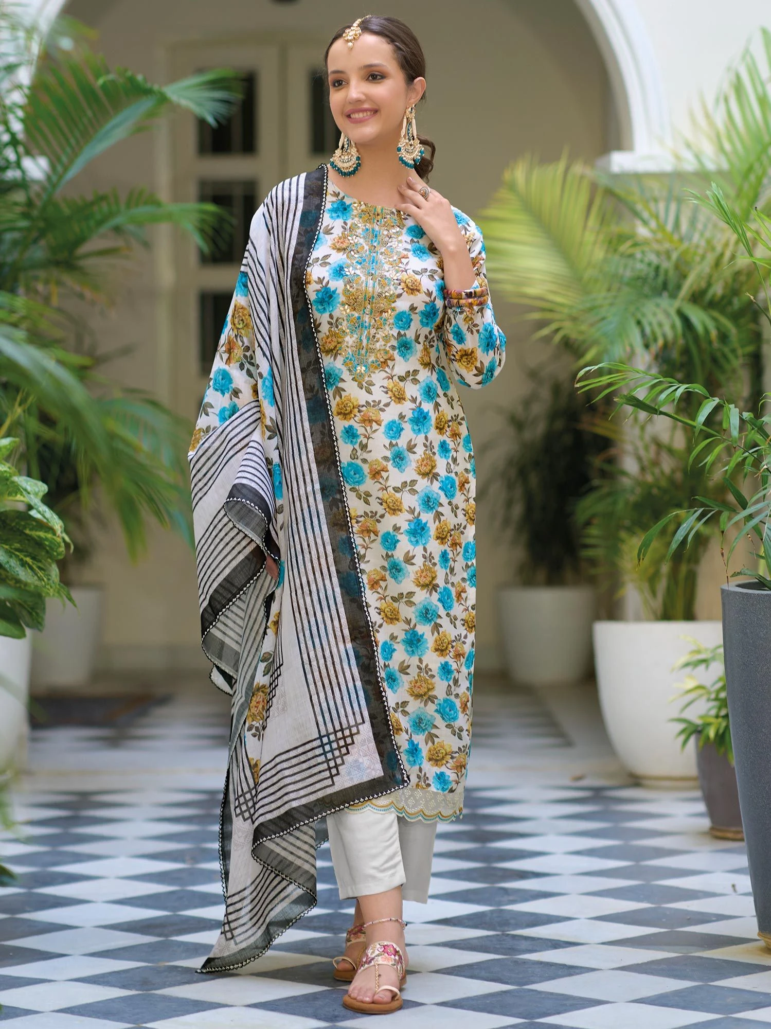 White Floral Printed Pant Style Suit 3 White Floral Printed Pant Style Suit