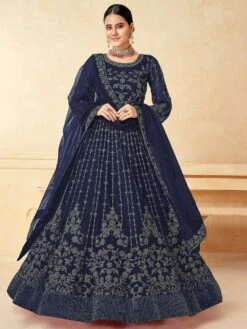 Blue Net Anarkali Suit With Zari Embroidery