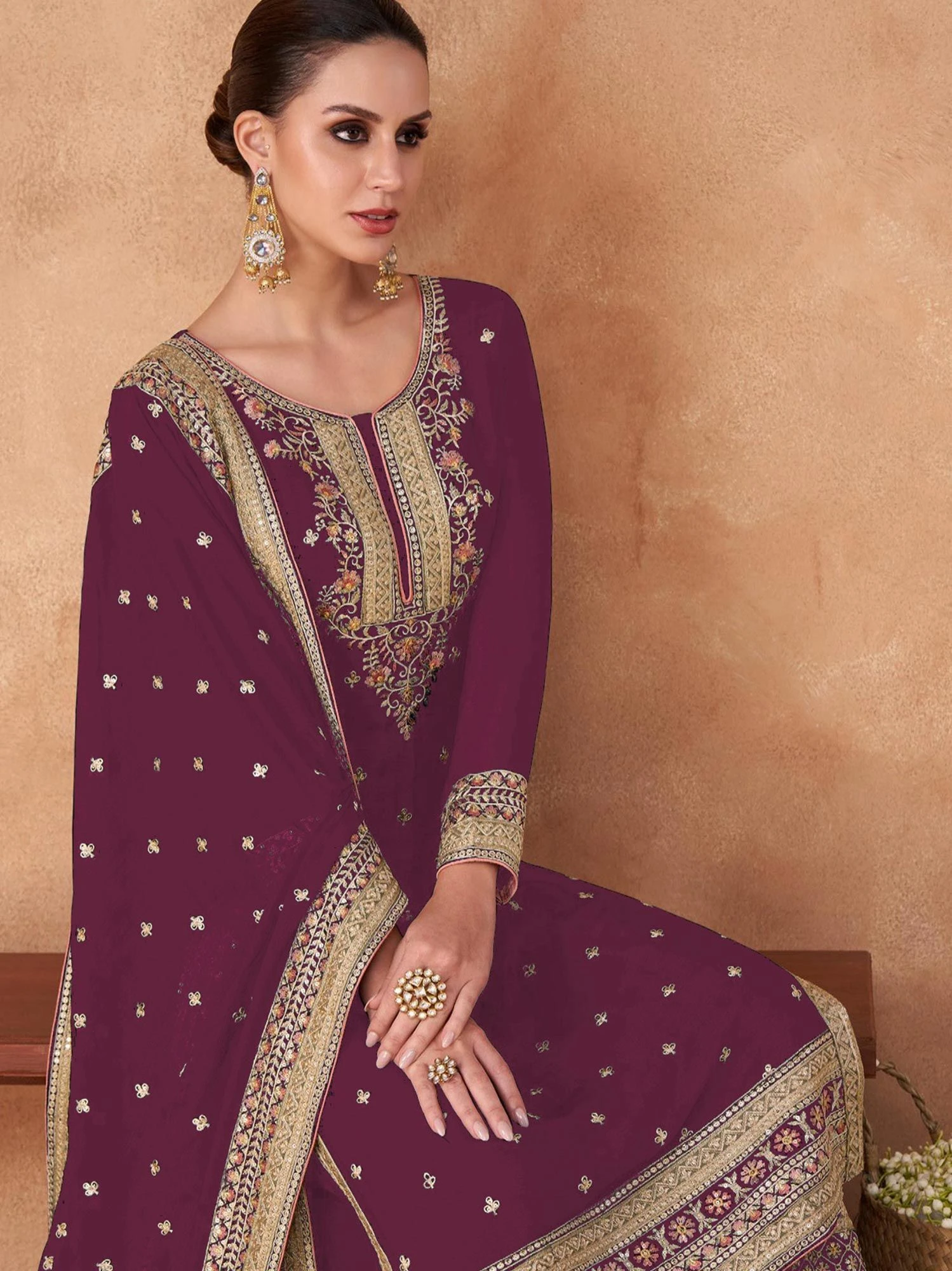 Purple Embroidered Palazzo Salwar Suit In Georgette 4 Purple Embroidered Palazzo Salwar Suit In Georgette - Image 2