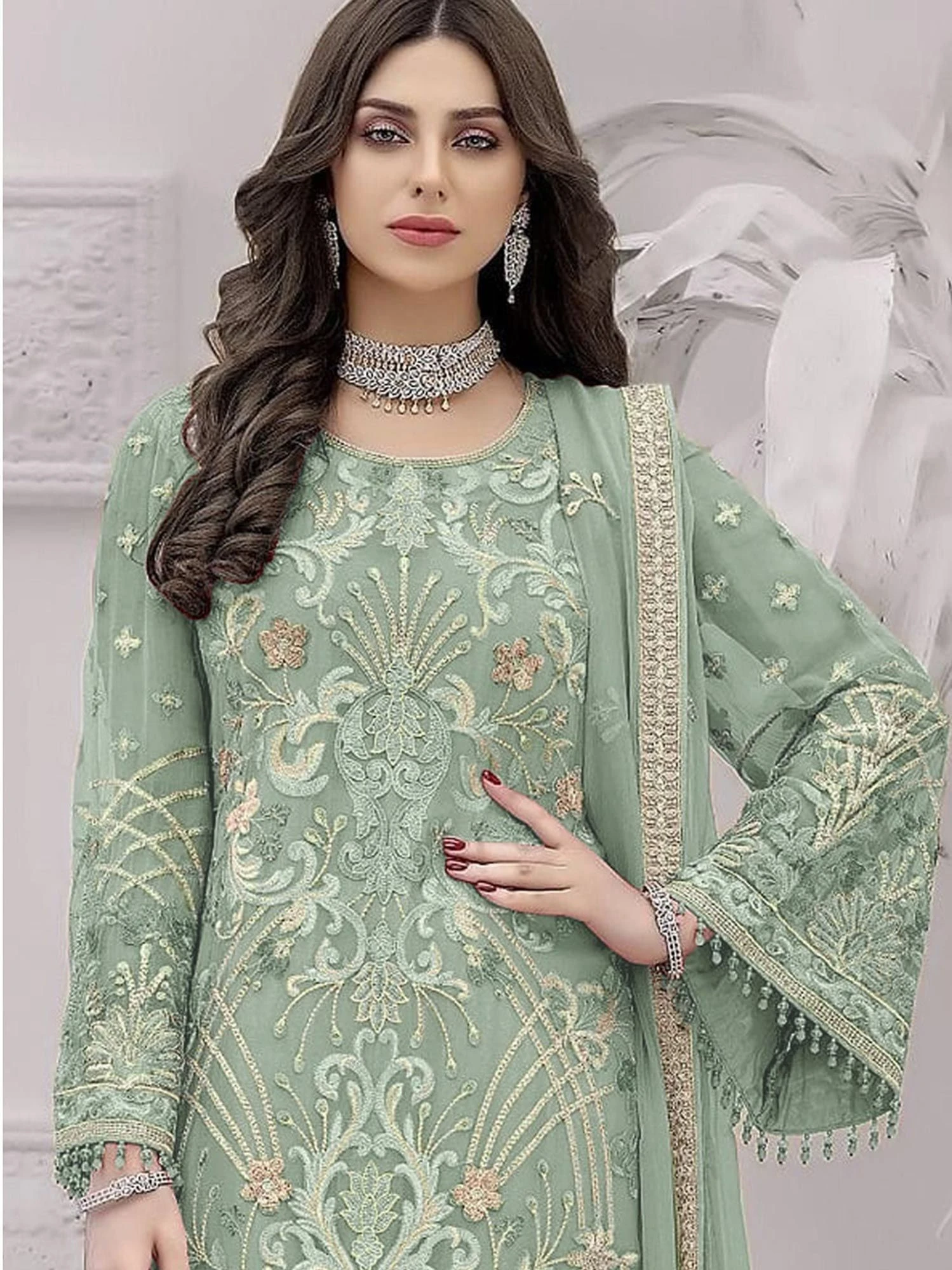 Green Thread Embroidered Palazzo Suit With Dupatta 4 Green Thread Embroidered Palazzo Suit With Dupatta - Image 2