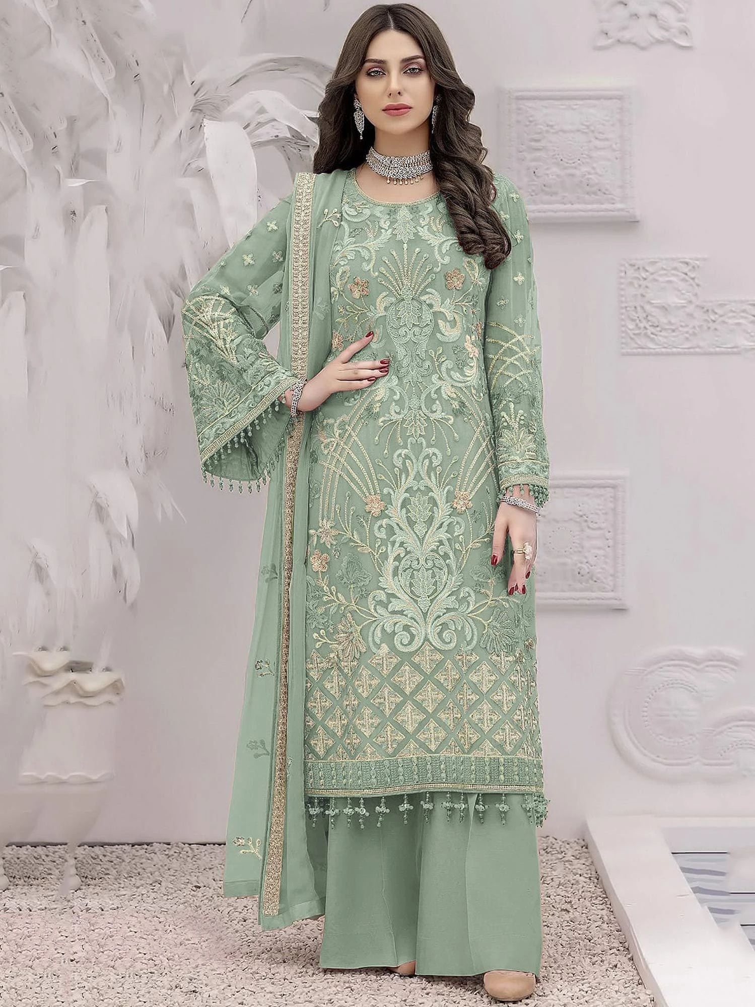 Green Thread Embroidered Palazzo Suit With Dupatta 3 Green Thread Embroidered Palazzo Suit With Dupatta