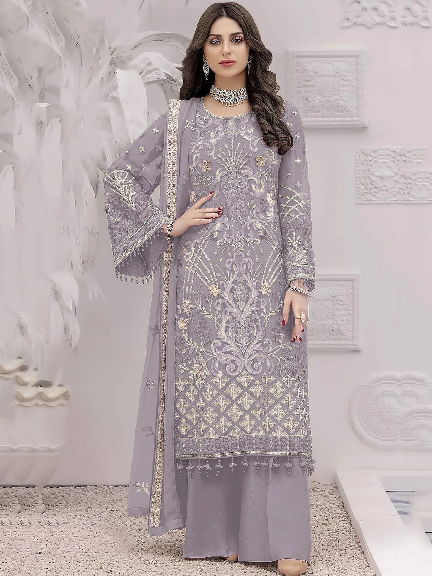 Purple Embroidered Pakistani Palazzo Salwar Kameez 3 Purple Embroidered Pakistani Palazzo Salwar Kameez