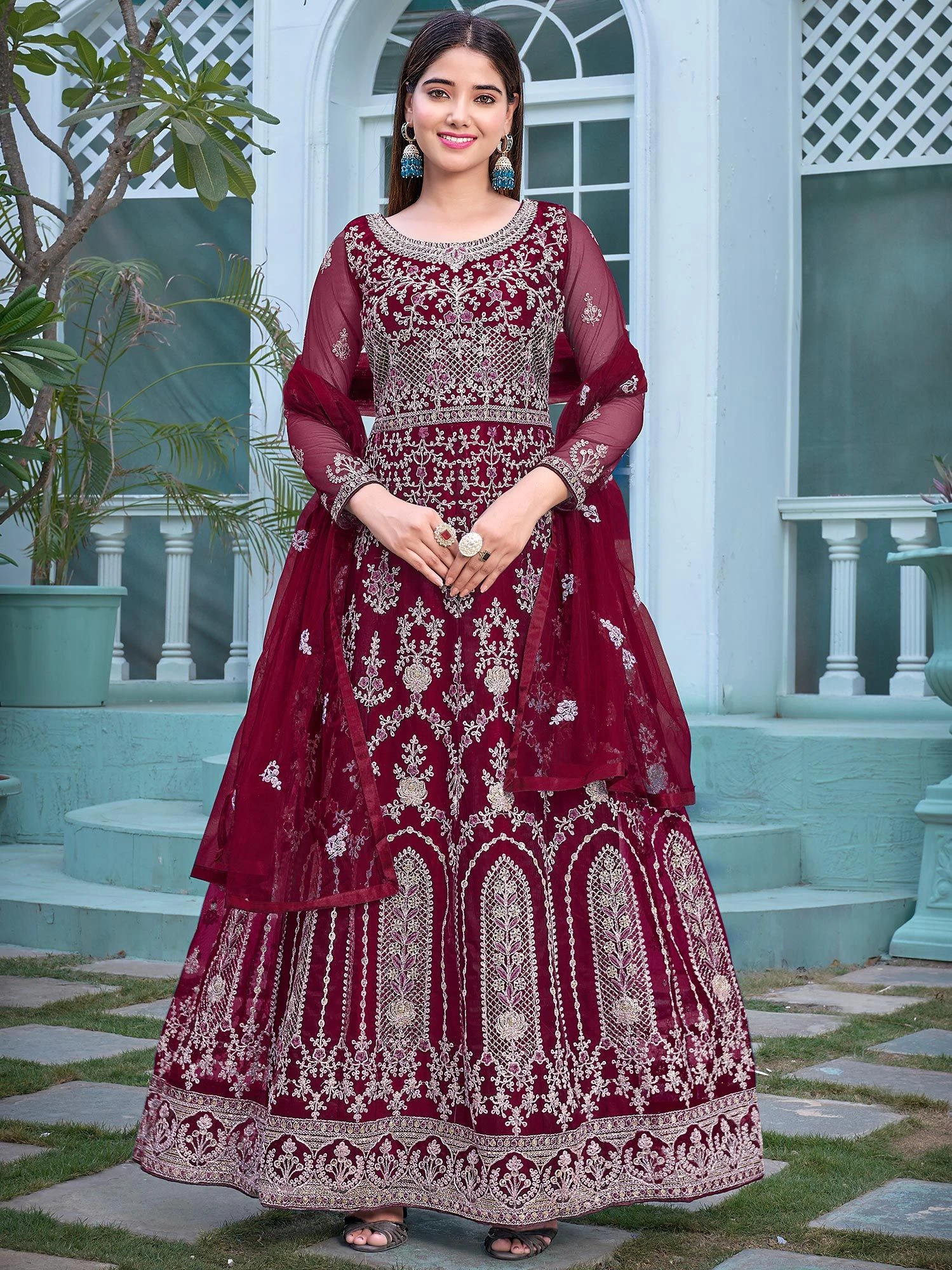 Maroon Zari Embroidered Anarkali Suit With Dupatta 5 Maroon Zari Embroidered Anarkali Suit With Dupatta - Image 3