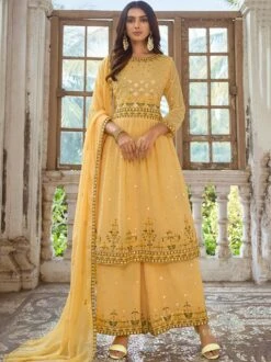 Yellow Mirror Embroidered Palazzo Style Salwar Suit