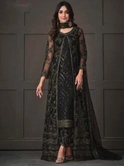 Black Slited Net Pant Suit With Dupatta