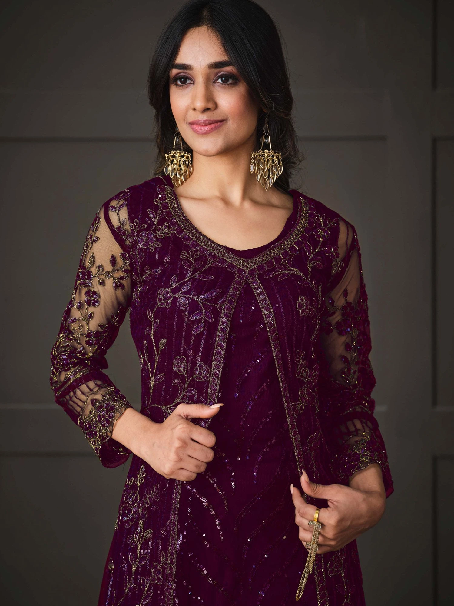 Purple Embroidered Jacket Style Suit In Net 4 Purple Embroidered Jacket Style Suit In Net - Image 2