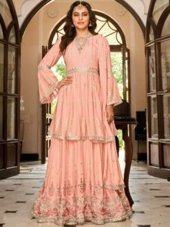 Peach Mirror Work Pakistani Style Suit In Georgette