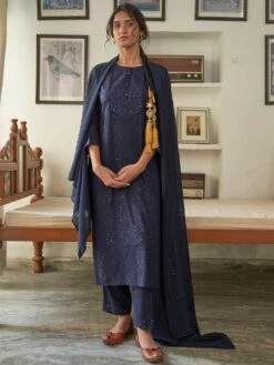 Blue Thread Embroidered Pant Suit In Rayon