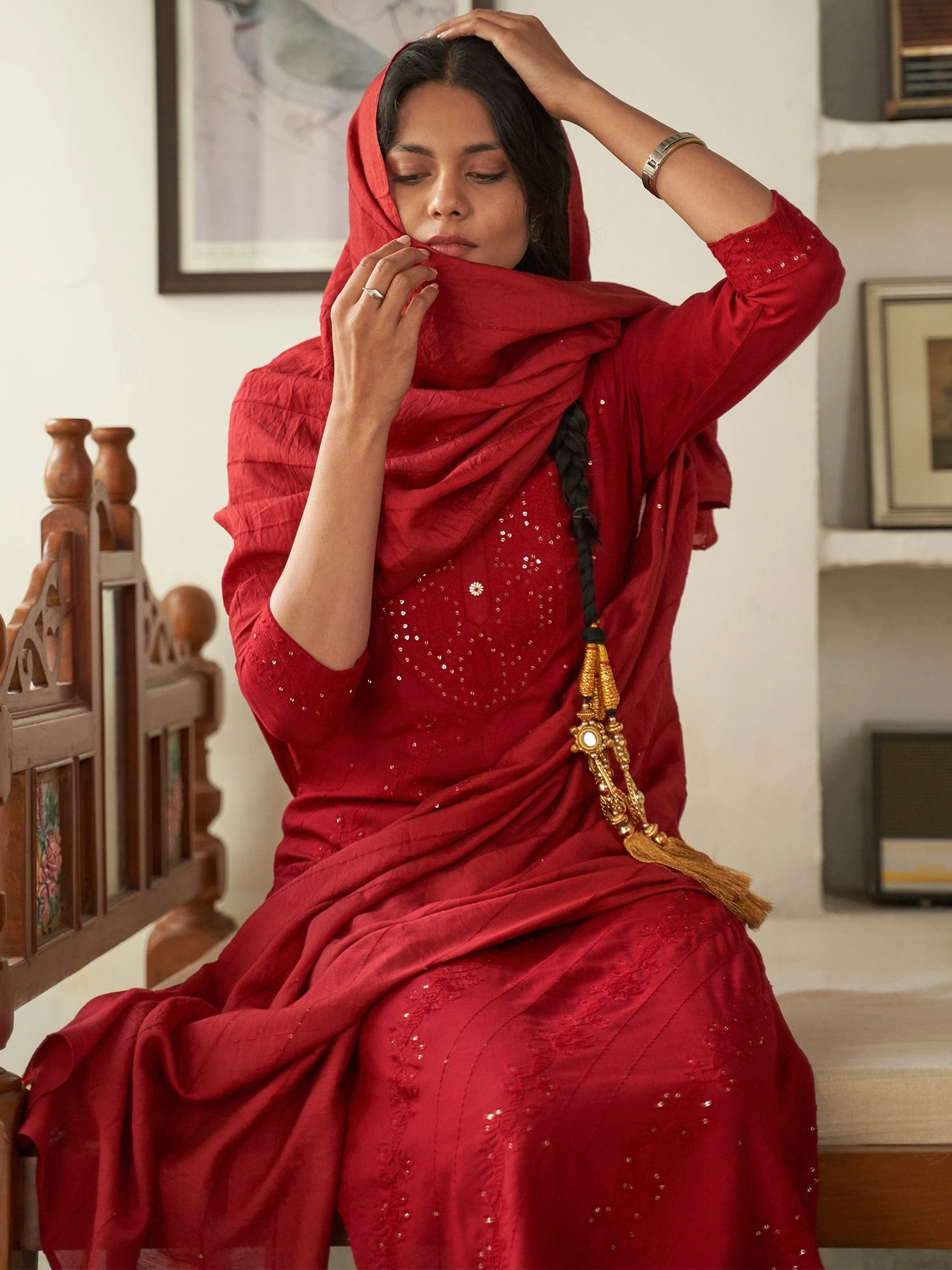 Red Embroidered Pant Style Suit In Rayon 4 Red Embroidered Pant Style Suit In Rayon - Image 2