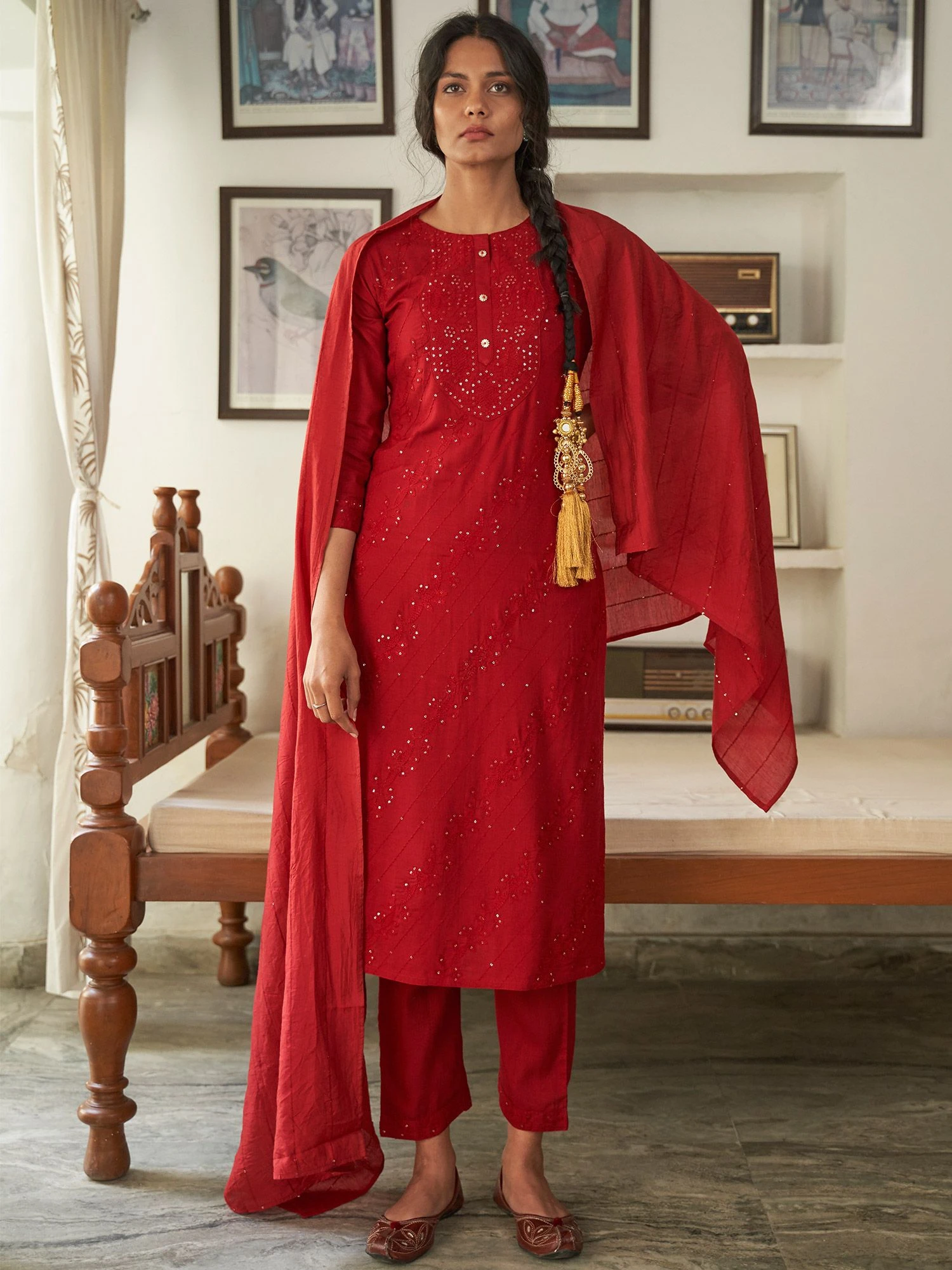 Red Embroidered Pant Style Suit In Rayon 3 Red Embroidered Pant Style Suit In Rayon