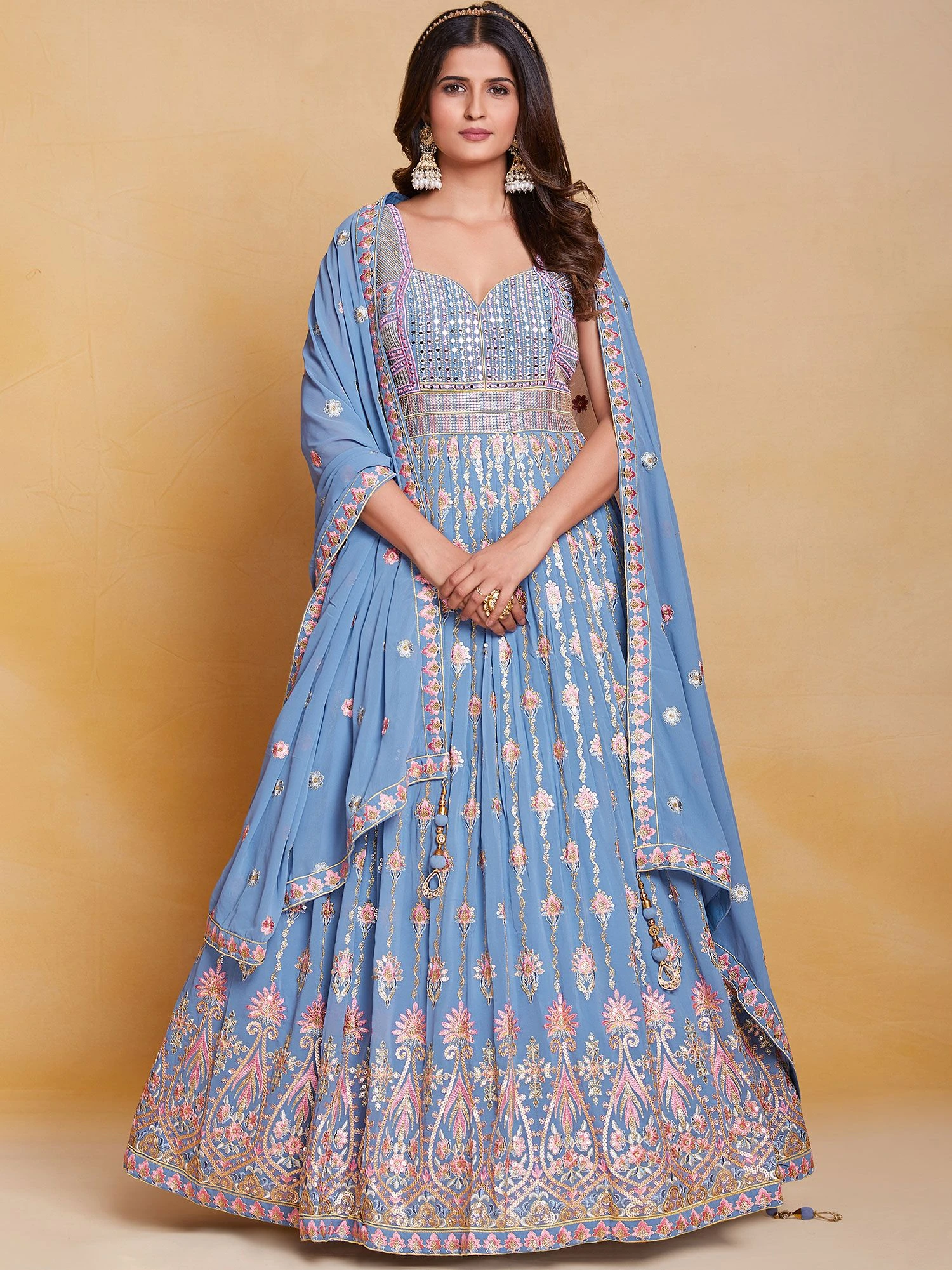 Blue Mirror Embroidered Anarkali Salwar Kameez 3 Blue Mirror Embroidered Anarkali Salwar Kameez