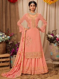 Peach Sharara Style Suit Set In Georgette