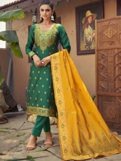 Green Banarasi Silk Salwar Suit In Pant Style